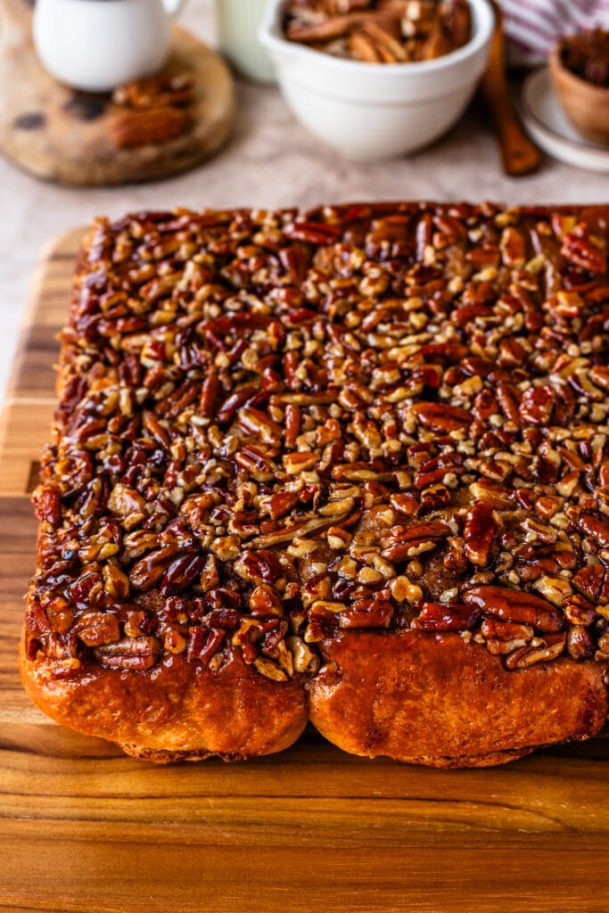sticky buns recipe with pecan caramel sauce on top.