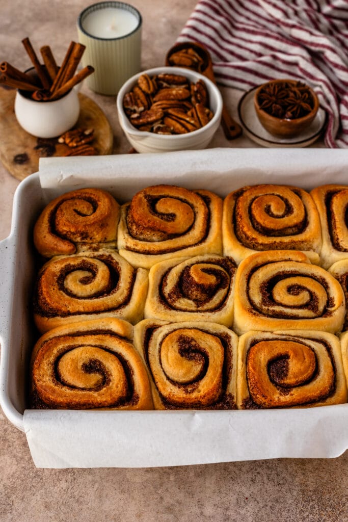 sticky buns recipe with pecan caramel sauce on top.