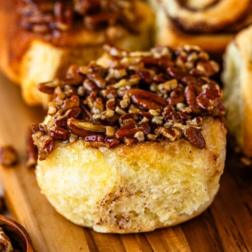 sticky buns recipe with pecan caramel sauce on top.