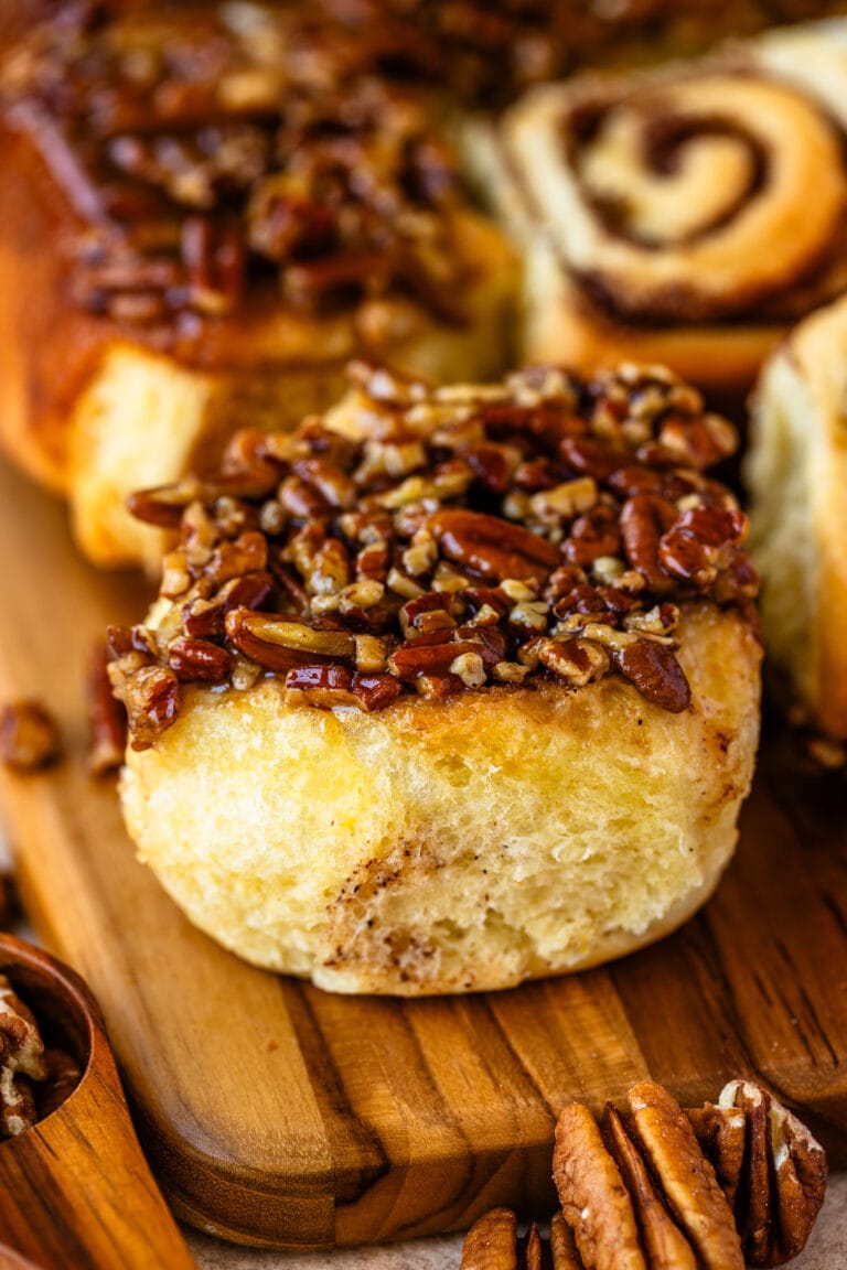 sticky buns recipe with pecan caramel sauce on top.