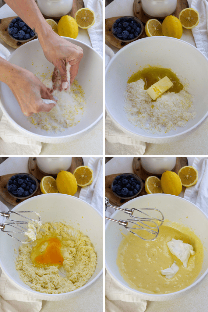first picture: bowl with sugar and lemon, and hands rubbing the sugar and lemon together. second picture: bowl with sugar and olive oil and butter inside. third picture: bowl with mixed butter and sugar, with an egg added. fourth picture: batter mixed with sour cream inside.