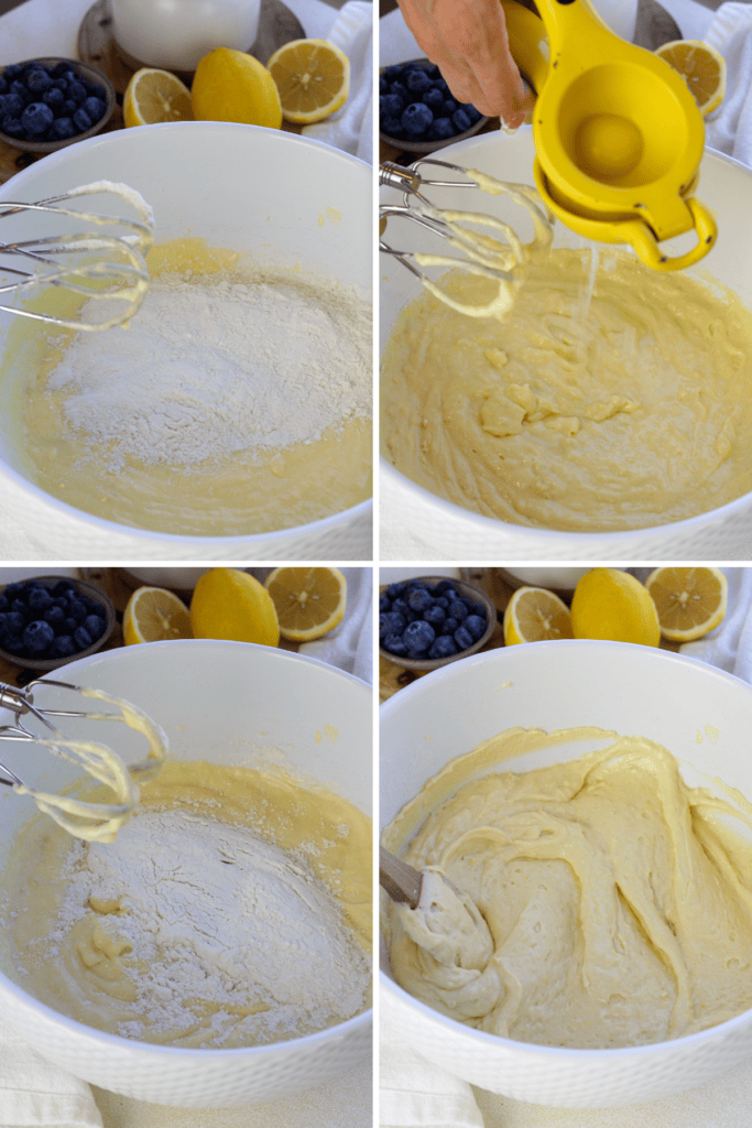 first picture: bowl with batter inside and flour added to the bowl. second picture: squeezing lemon in a bowl of batter. third picture: flour added to a bowl with batter. fourth picture: batter mixed in a bowl with a spatula.