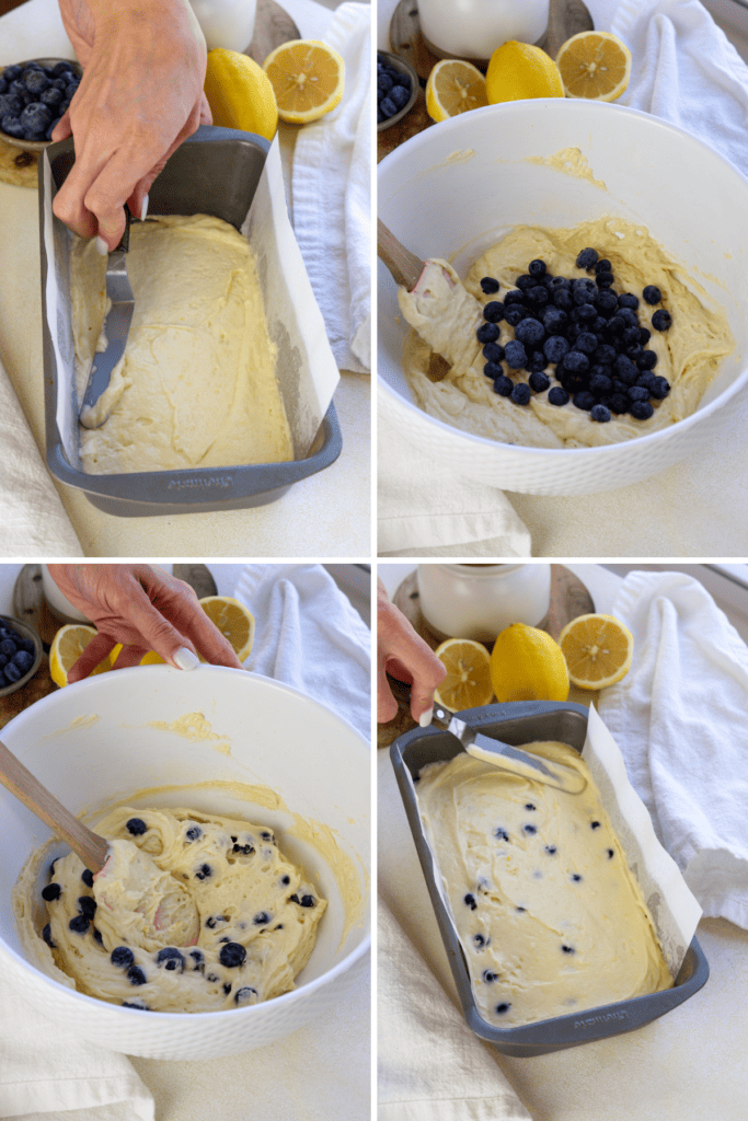 first picture: batter added to a loaf pan. second picture: batter in a bowl with blueberries added. third picture: batter with blueberries mixed in. fourth picture: batter with blueberries poured into a loaf pan.