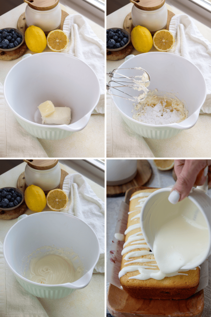 first picture: bowl with cream cheese and butter. second picture: bowl with cream cheese and butter mixed together and powdered sugar added. third picture: glaze inside of a bowl. fourth picture: drizzling glaze on top of the bread loaf.