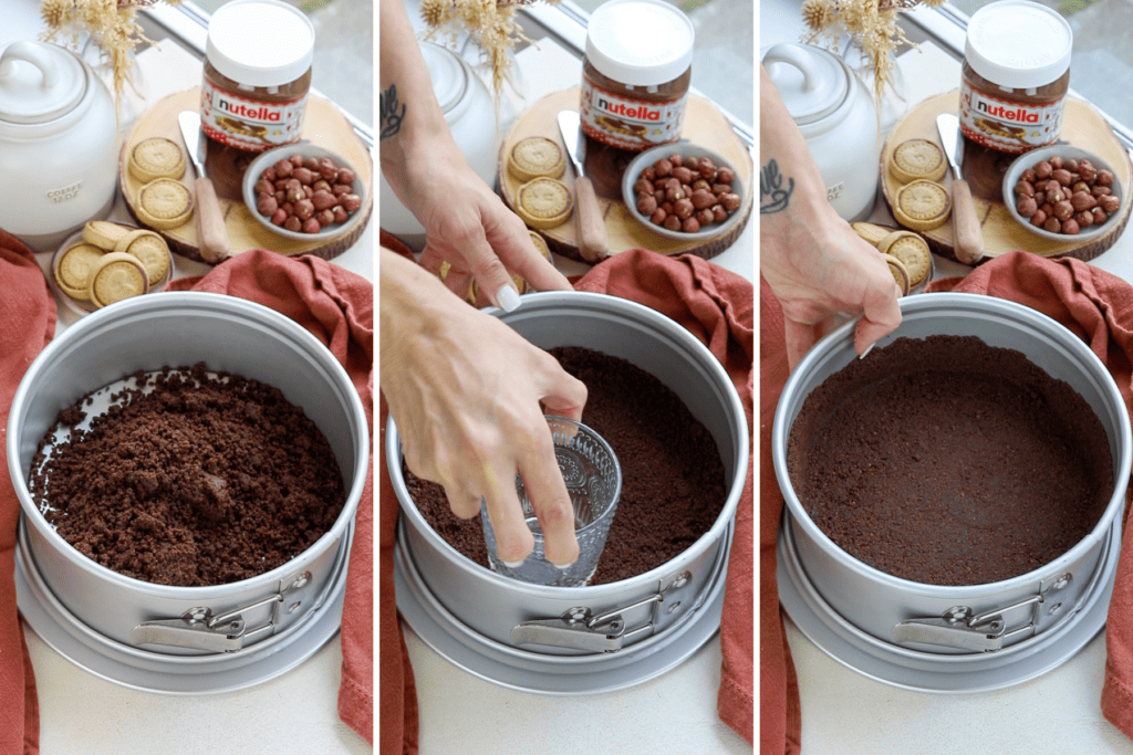 first picture: chocolate graham cracker crumbs inside of a cheesecake pan. second picture: a cup pressing the chocolate cookie crust on the bottom of a cheesecake pan. third picture: a springform pan with chocolate cookie crust on the bottom.