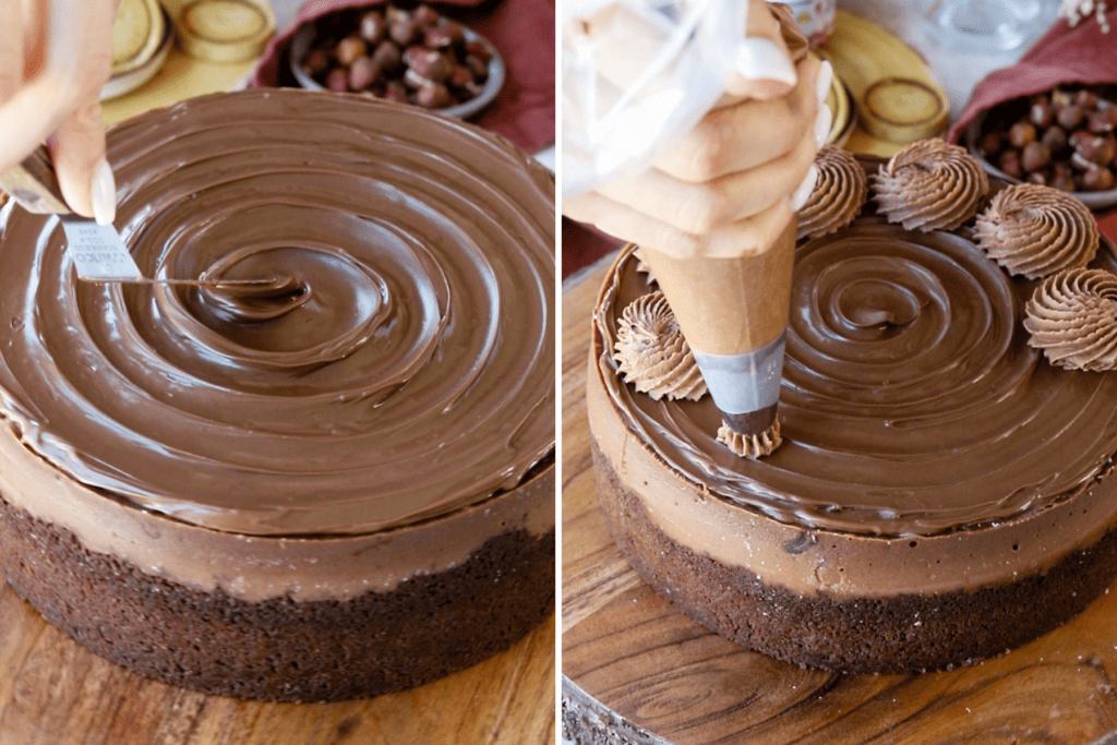 first picture: spreading nutella on top of a cheesecake with a spatula. second picture: piping chocolate whipped cream on top of nutella cheesecake.