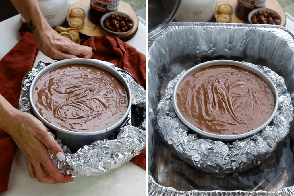 nutella cheesecake batter in a springform pan, with foil wrapped around the bottom. second picture: showing the nutella cheesecake wrapped in foil inside a large roasting pan, and water being poured in the large roasting pan.