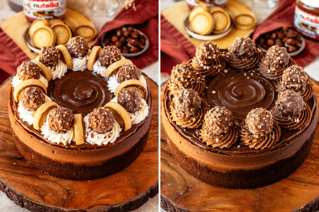 first picture: nutella cheesecake topped with cookies and whipped cream. second picture: nutella cheesecake topped with chocolate whipped cream and ferrero rocher.