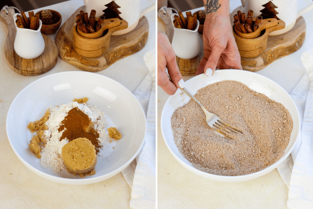 first picture: bowl with brown sugar, flour, and cinnamon. second picture: a fork mixing the ingredients together.