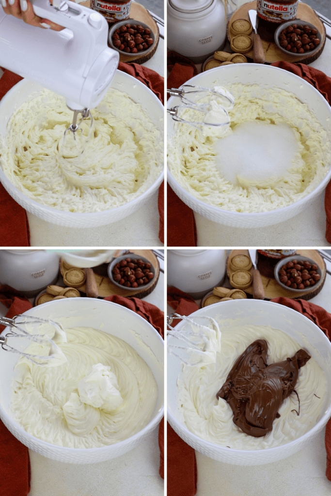 first picture: bowl with cream cheese being beat with a mixer. second picture: sugar added to the bowl with cream cheese mixed. third picture: sour cream added to the bowl with the cream cheese and sugar mixture. fourth picture: nutella added to the bowl with cream cheese and sugar mixture.
