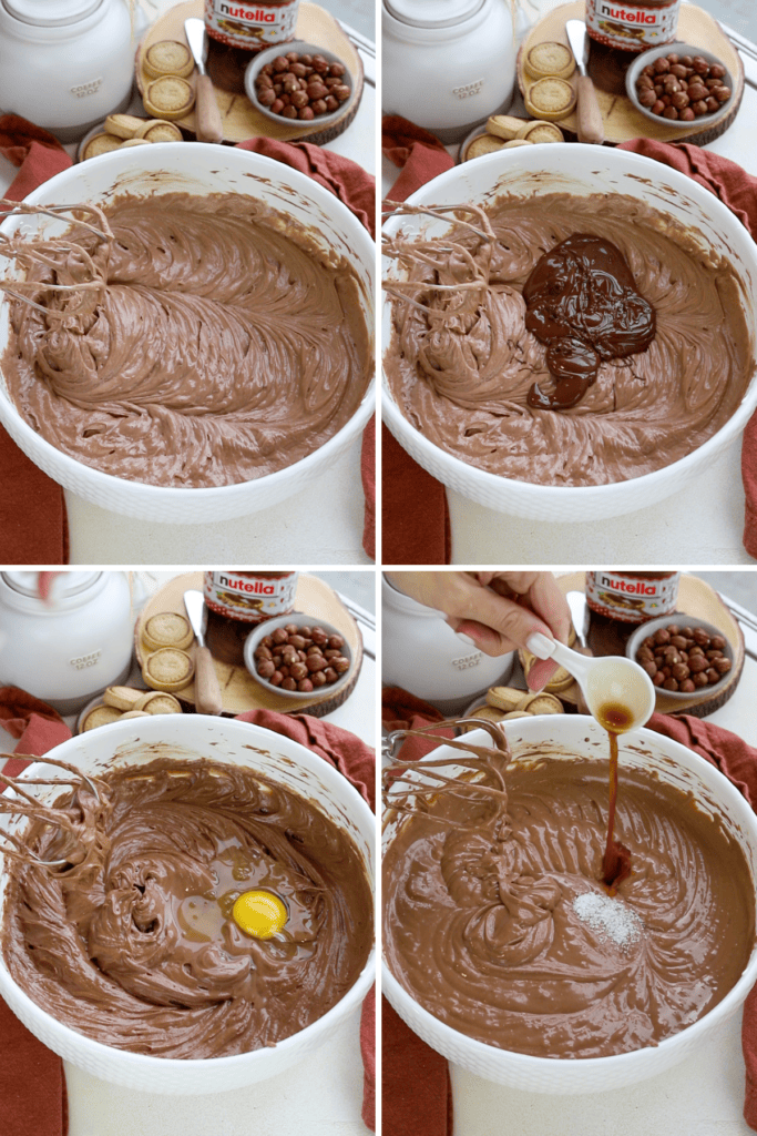 first picture: bowl with a chocolate cheesecake batter and a hand mixer on the side. second picture: melted chocolate added to a bowl of chocolate cheesecake. third picture: an egg added to the bowl of chocolate cheesecake batter. fourth picture: adding vanilla extract to a bowl of chocolate cheesecake.