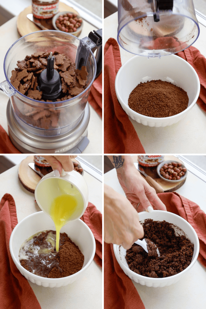 first picture: a food processor with chocolate graham cracker cookies inside. second picture: pouring the graham cracker cookie crumbs in a bowl. third picture: pouring butter in a bowl with graham cracker crumbs. fourth picture: hand with a spatula mixing the crumbs with the butter.