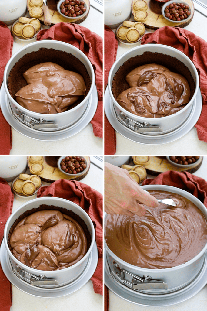 first picture: nutella cheesecake batter on the bottom of a cheesecake pan with chocolate cookie crust. second picture: nutella dollops on top of the cheesecake batter. third picture: nutella dollops on top of the cheesecake batter. fourth picture: a spatula swirling the cheesecake batter with the nutella.