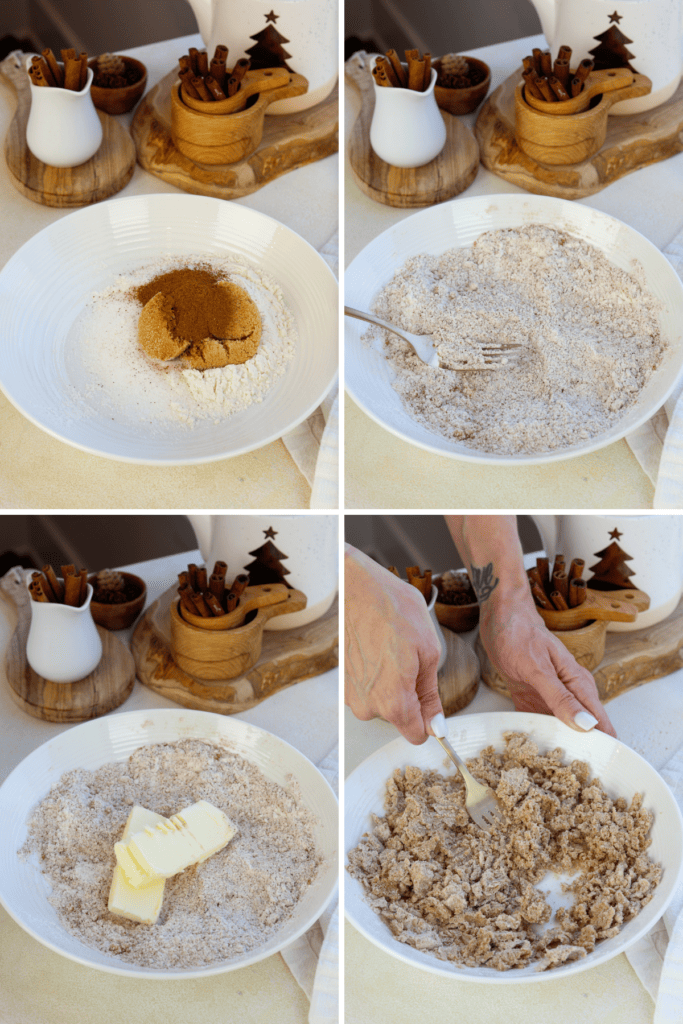 first picture: bowl with flour, brown sugar, cinnamon. second picture: fork mixed the ingredients together. third picture: bowl with flour, brown sugar, cinnamon mixed, and butter added to it. fourth picture: bowl with the ingredients mixed together with a fork to make a streusel crumb.