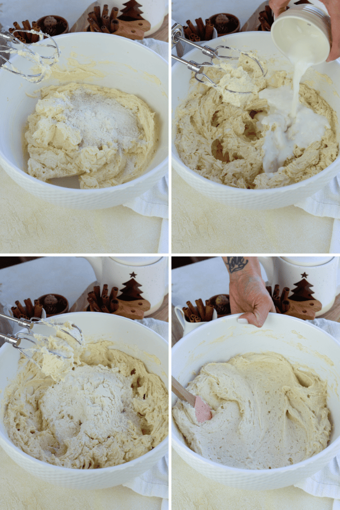 first picture: bowl with batter mixed and with flour added to the bowl and a mixer next to it. second picture: hand adding milk to the bowl of batter. third picture: bowl with flour in it with the batter. fourth picture: spatula mixing the ingredients of the batter together.