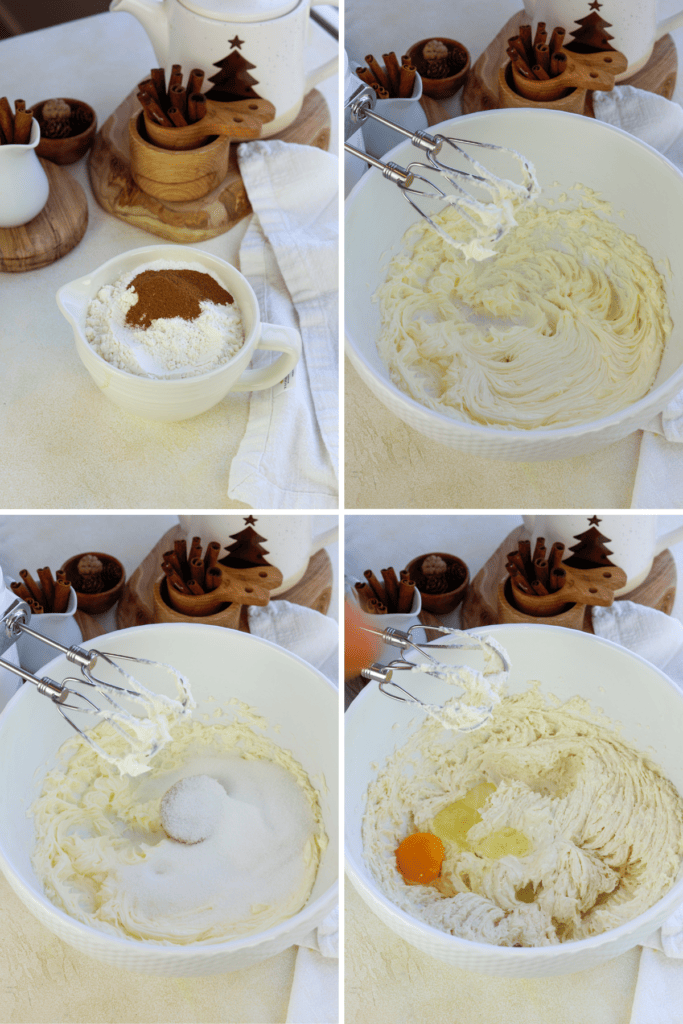 first picture: bowl with flour, cinnamon, baking powder added together. second picture: bowl with butter creamed in it and a mixer next to it. third picture: bowl with the butter creamed, sugar added to the bowl. fourth picture: batter in a bowl, and egg added to the bowl.