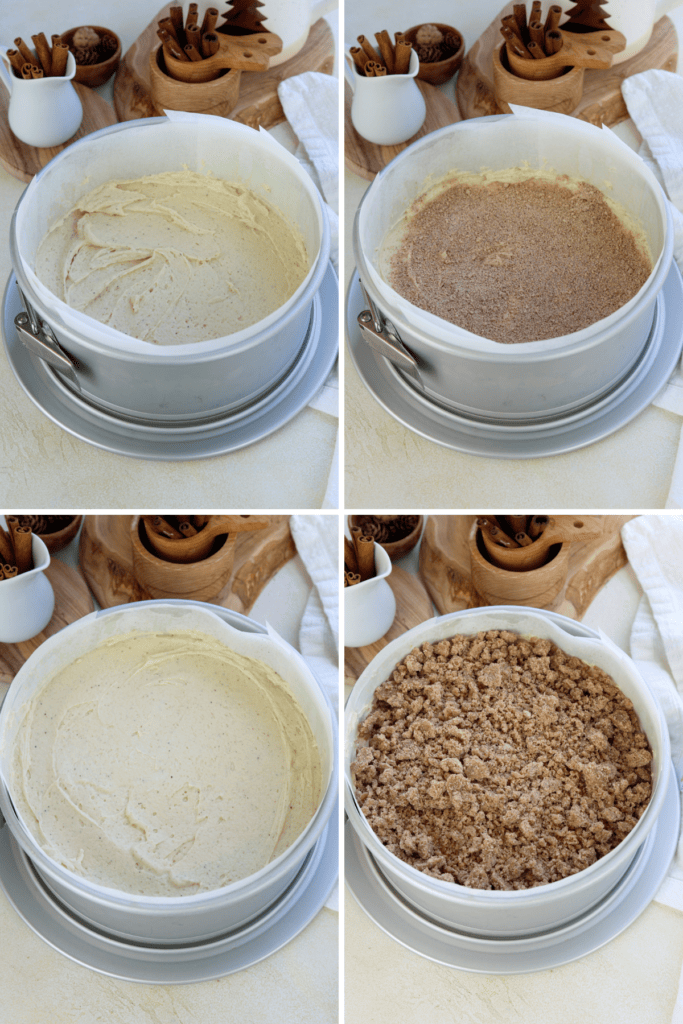 first picture: springform pan lined with parchment paper and batter spread on the bottom of the bowl. second picture: cinnamon sugar sprinkled on top of the batter. third picture: batter spread on top of the cinnamon mixture in the springform pan. fourth picture: springform pan with batter in it, and crumb sprinkled on top of the batter.