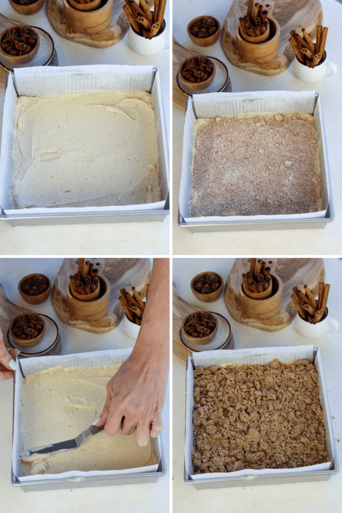first picture: square pan with batter spread on the bottom of the pan. second picture: cinnamon sugar mixture sprinkled on top of the batter. third picture: hand smoothing the batter on top of the cinnamon sugar. fourth picture: crumb sprinkled on top of the batter in a square cake pan.