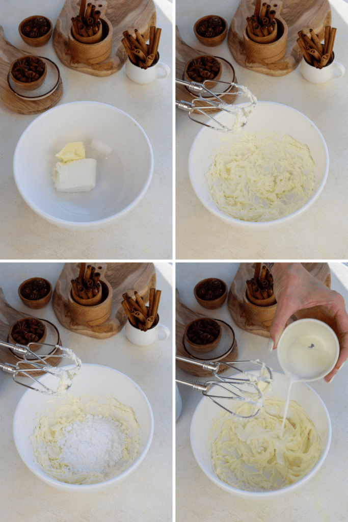 first picture: cream cheese and butter in the bowl. second picture: butter and cream cheese beat together. third picture: powdered sugar added to the butter and cream cheese. fourth picture: milk poured in the bowl with the powdered sugar mixed with the cream cheese and butter.