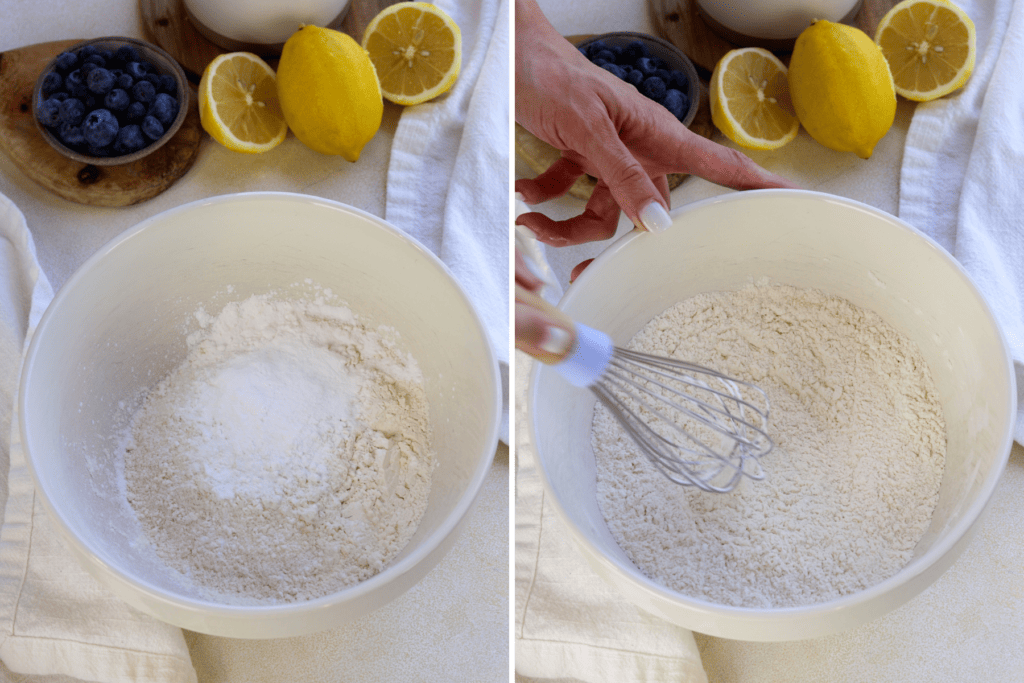 first picture: bowl with flour, cornstarch, and baking powder inside.