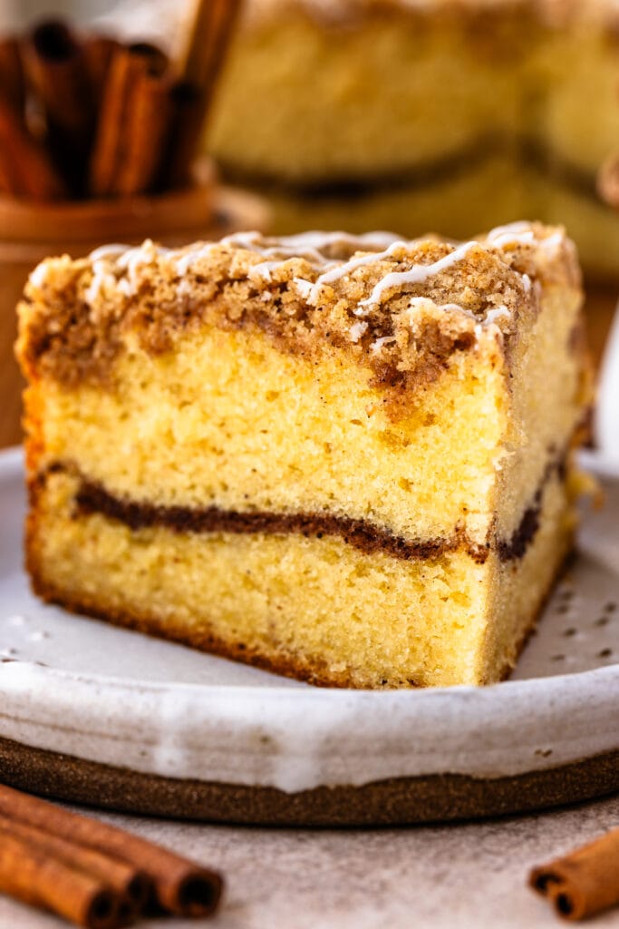 coffee crumb cake slice with cinnamon filling, and crumb on top.