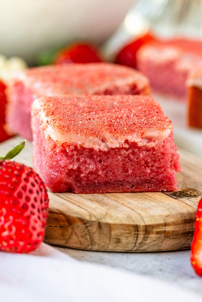 strawberry brownie slice on top of a plate.