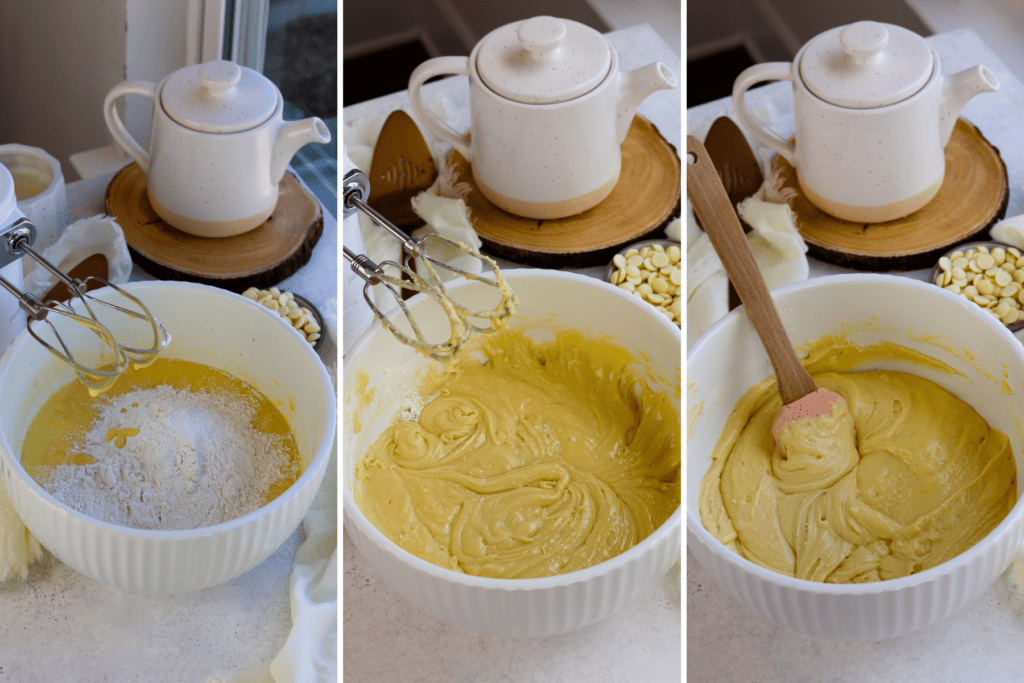 first picture: bowl with brownie batter and flour in the bowl. second picture: bowl with white chocolate brownie batter inside and a mixer next to it. third picture: bowl with white chocolate batter inside and a spatula mixing it.