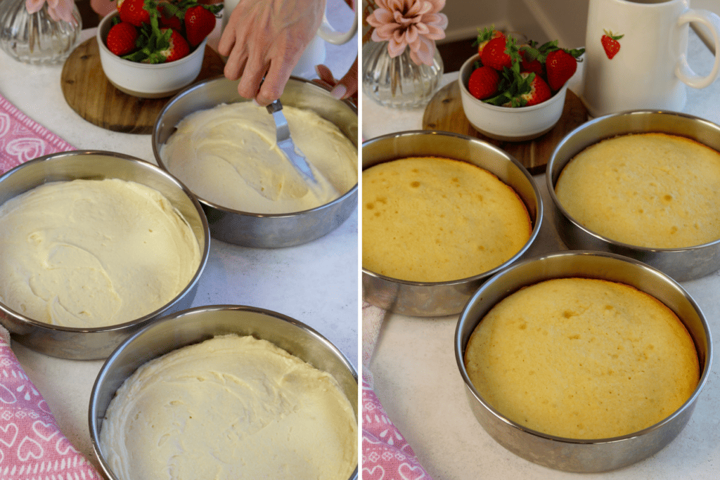 first picture: spreading cake batter on the bottom of cake pans. second picture: three cake pans with baked vanilla cake.