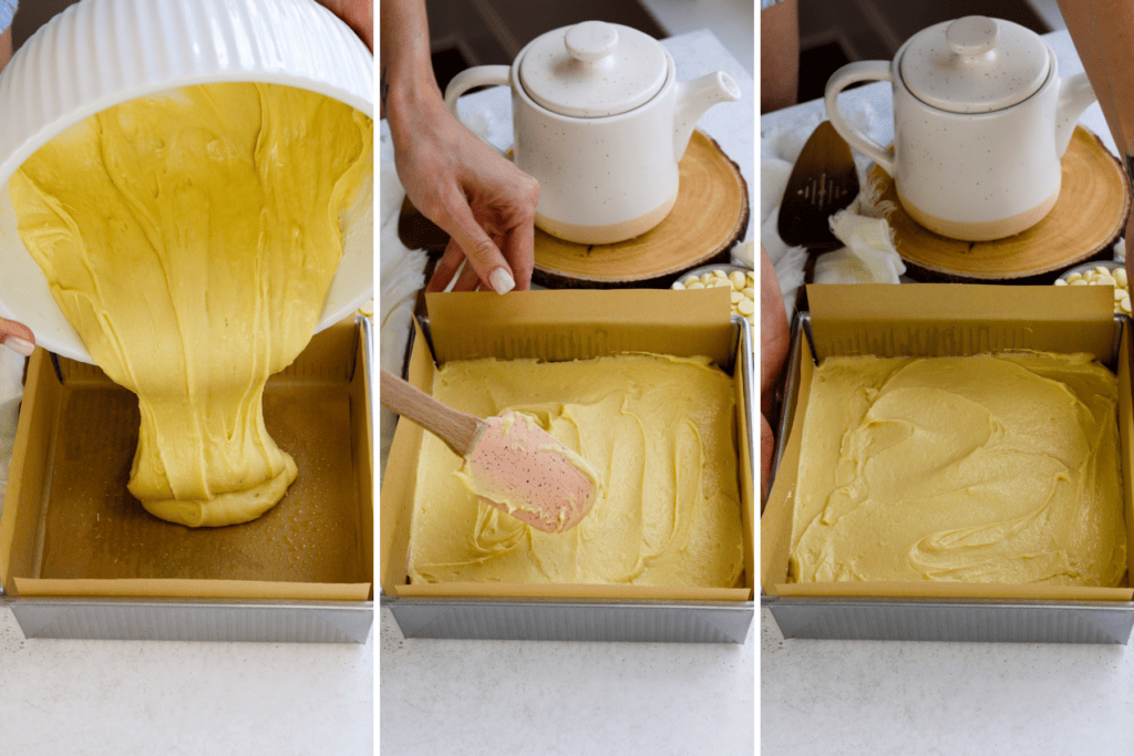 first picture: pouring white chocolate brownie batter in a baking pan. second picture: spreading the batter in the pan with a spatula. third picture: baking pan with brownie batter spread on the bottom.