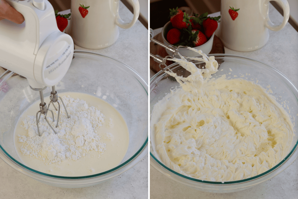 first picture: whipping the heavy cream with powdered sugar in a bowl. second picture: whipped heavy cream in a bowl with stiff peaks.