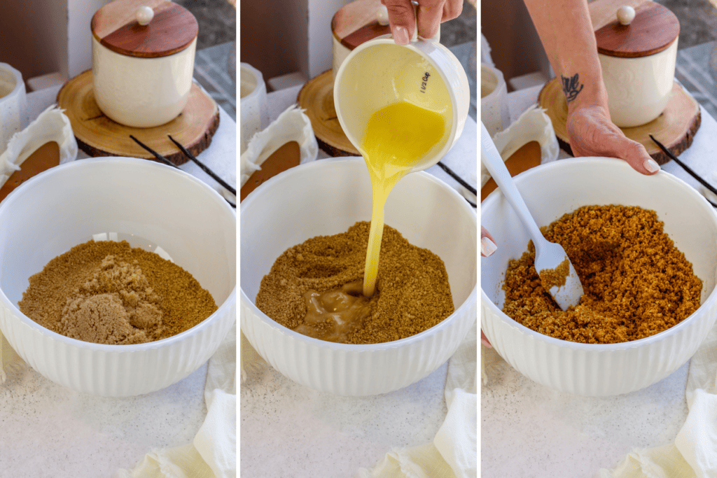 first picture: bowl with graham cracker crumbs and brown sugar inside. second picture: bowl with brown sugar and mixed graham cracker crumbs and melted butter being added to the bowl. third picture: spatula mixing the graham cracker and brown sugar mixture.