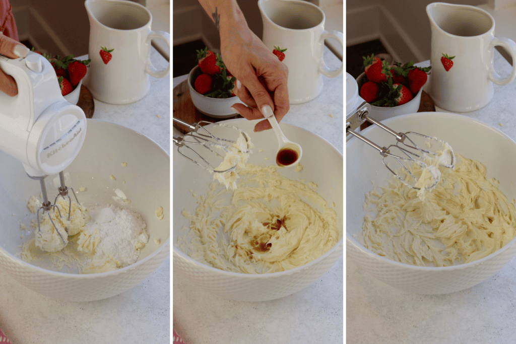 first picture: whipping the cream cheese with powdered sugar in a bowl with an electric mixer. second picture: adding vanilla to the bowl with the whipped cream. third picture: the cream cheese mixture whipped in a bowl.