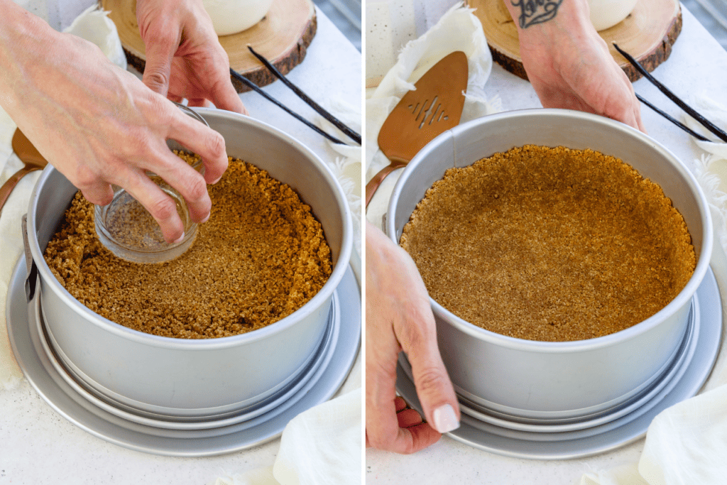 first picture: a hand with a cup pressing the crust on the bottom of a cheesecake pan. second picture: cheesecake pan with the crust on the bottom.