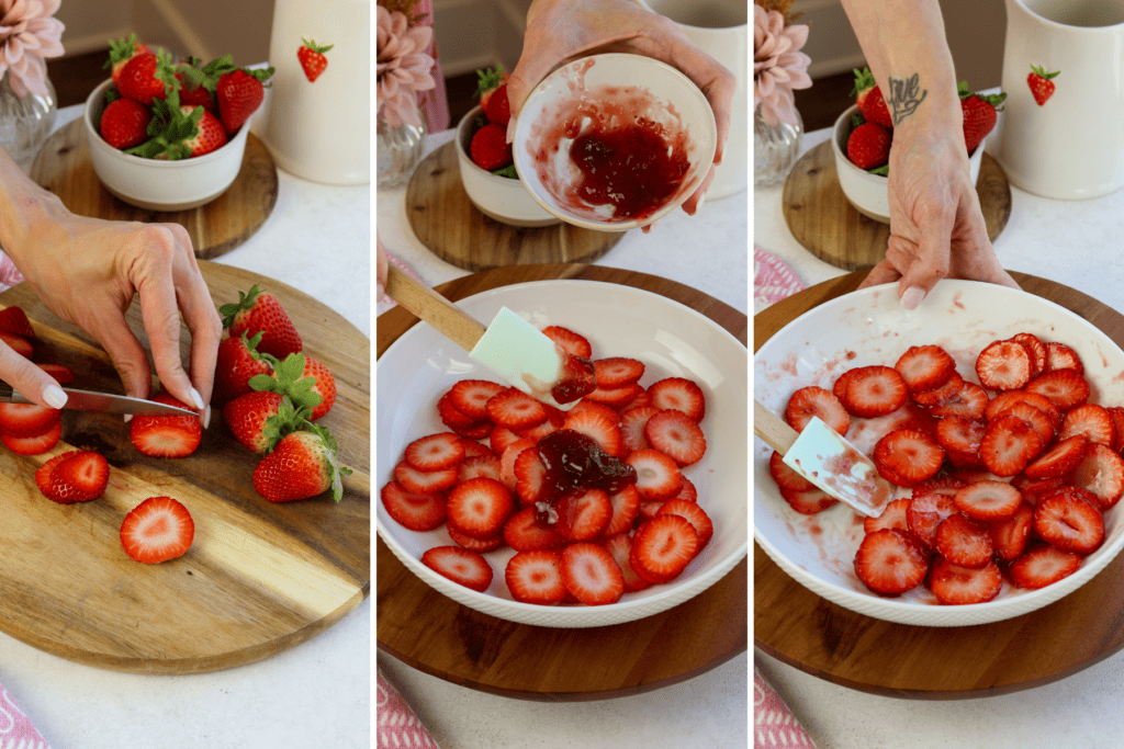 first picture: slicing strawberries on top of a wooden board. second picture: adding jam to a bowl of strawberries. third picture: stirring the strawberries with the jam.