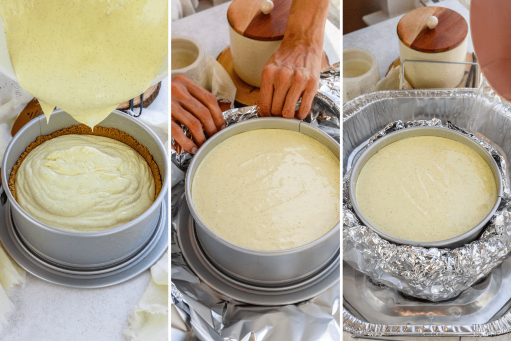 first picture: pouring the cheesecake batter in the pan with the crust. second picture: wrapping the bottom of a cheesecake pan with aluminum foil. third picture: cheesecake pan wrapped with foil on the bottom inside of a larger disposable roasting pan, and water being poured in the pan.