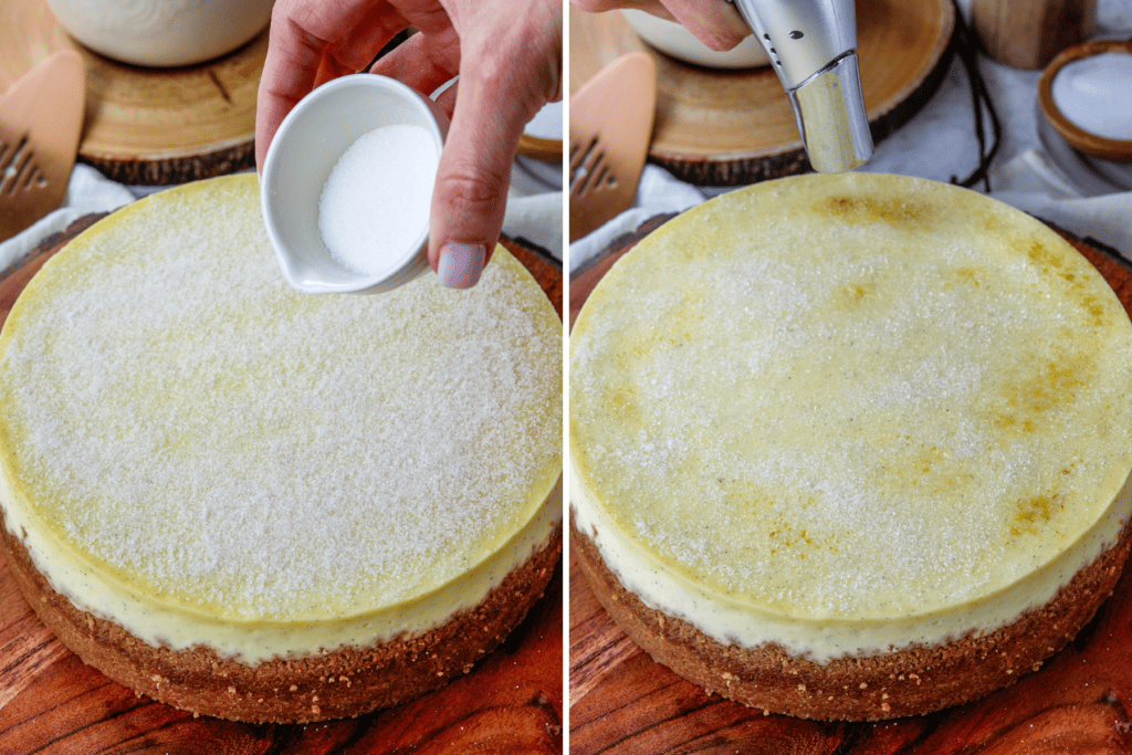 first picture: hand sprinkling a little bowl of granulated sugar on top of a cheesecake. second picture: hand torching the top of a cheesecake sprinkled with sugar.