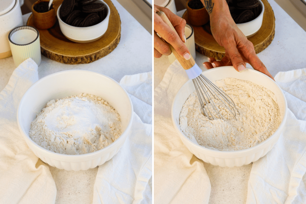 first picture: flour and baking powder, baking soda and salt added to a bowl. second picture: hand whisking the flour mixture.