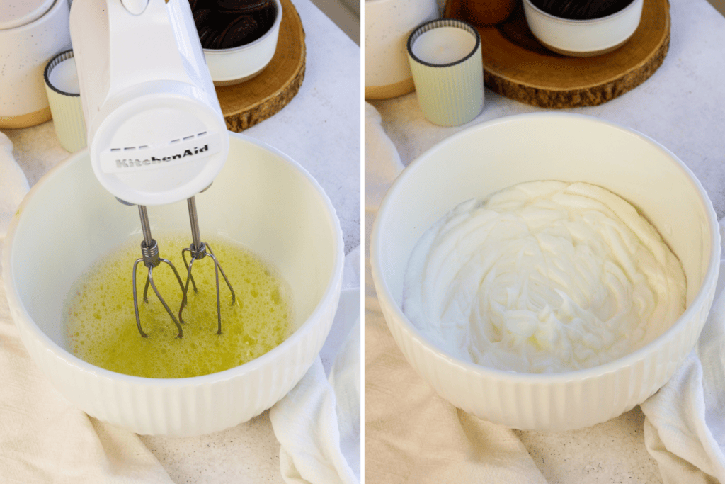 first picture: hand holding a mixer to whip egg whites in a bowl. second picture: whipped egg whites to stiff peaks in a bowl.
