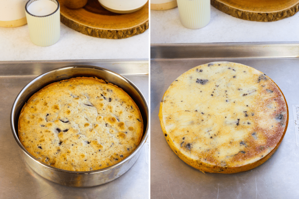 first picture: cookies and cream cake layer in a cake pan. second picture: cookies and cream cake layer on a baking tray.