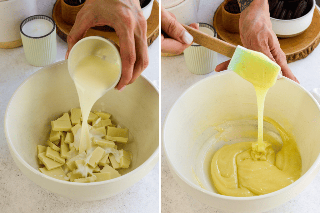 first picture: hand pouring cream over a bowl with chopped white chocolate inside. second picture: hand stirring the white chocolate and cream mixture.