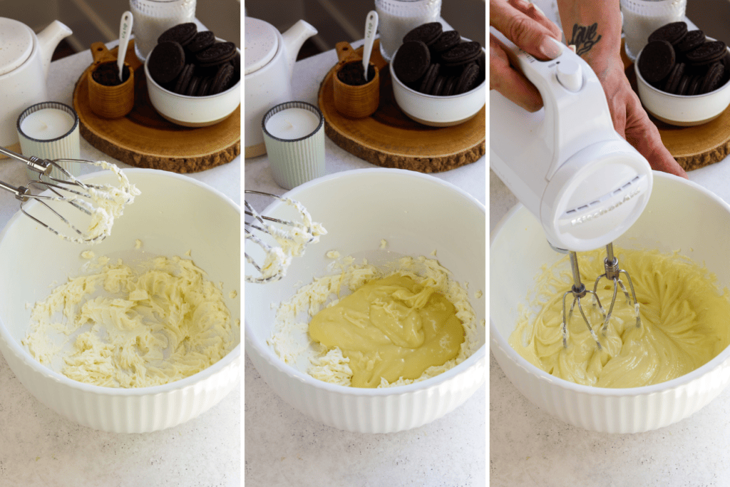 first picture: whipped cream cheese in a bowl with a mixer next to it. second picture: bowl with whipped cream cheese, and added melted white chocolate and cream to the bowl. third picture: cream cheese and white chocolate mixture in a bowl.