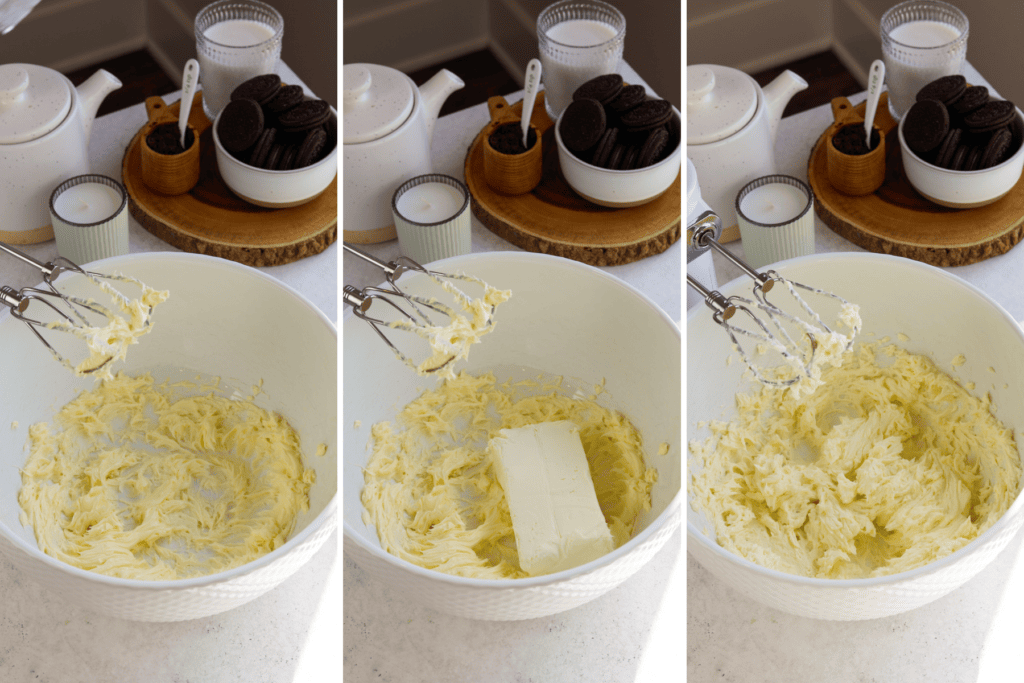 first picture: whipped butter in a bowl with a hand mixer next to it. second picture: butter whipped in a bowl, with a block of cream cheese added to it. third picture: whipped butter and cream cheese in a bowl.