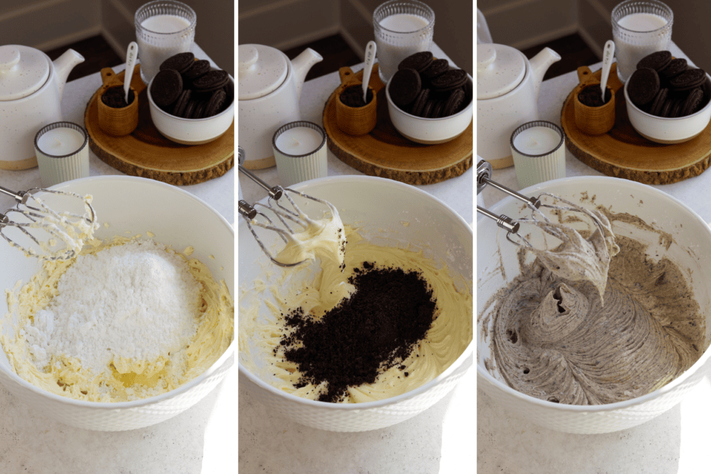 first picture: whipped butter and cream cheese in a bowl, with powdered sugar added to it. second picture: whipped cream cheese and butter with oreo cookie crumbs added to the bowl. third picture: whipped cream cheese frosting with oreo cookie crumbs mixed into the batter.