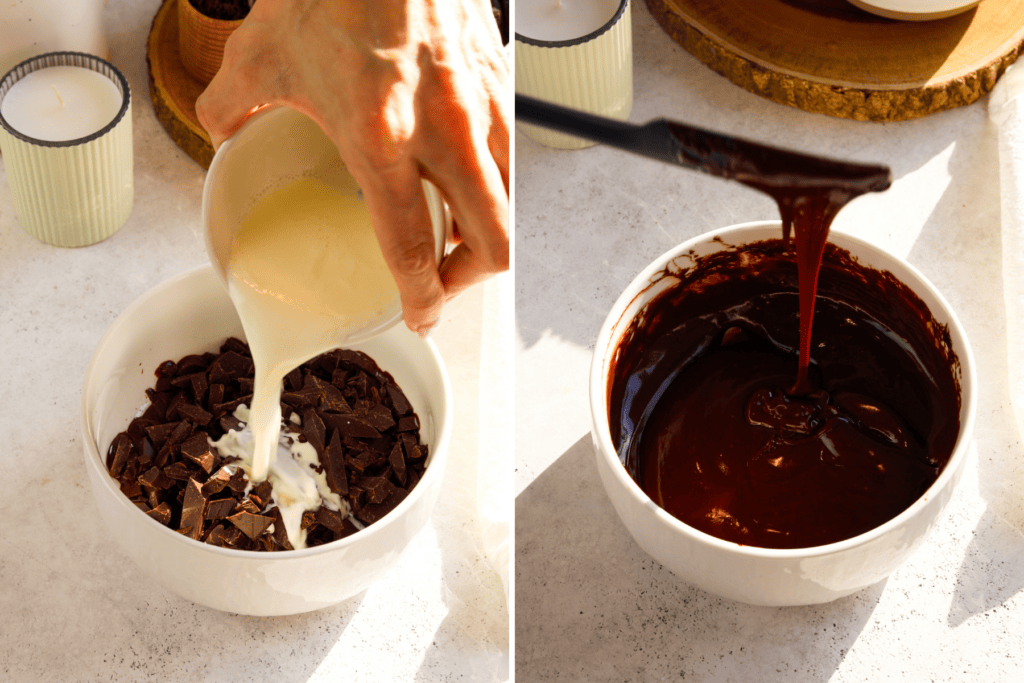 first picture: bowl with chopped chocolate inside, and a hand adding cream to the bowl. second picture: hand stirring the chocolate and heavy cream mixture with a spatula.