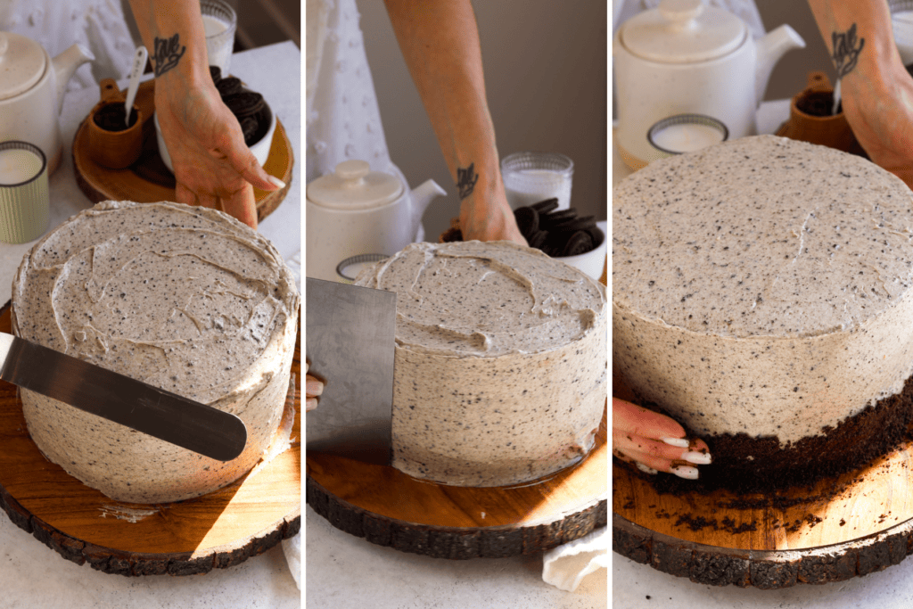 first picture: decorating a cake with cookies and cream frosting with a spatula smoothing the frosting on top. second picture: decorating a cake with cookies and cream frosting with a spatula smoothing the frosting on the side. third picture: hand attaching the oreo crumbs to the side of the cake.