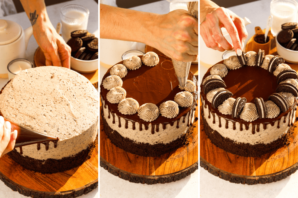 first picture: a hand dripping ganache on the side of the cookies and cream cake. second picture: piping cookies and cream frosting on top of a cake with a ganache drip. third picture: a hand adding oreo cookies on top of a cake to decorate it.