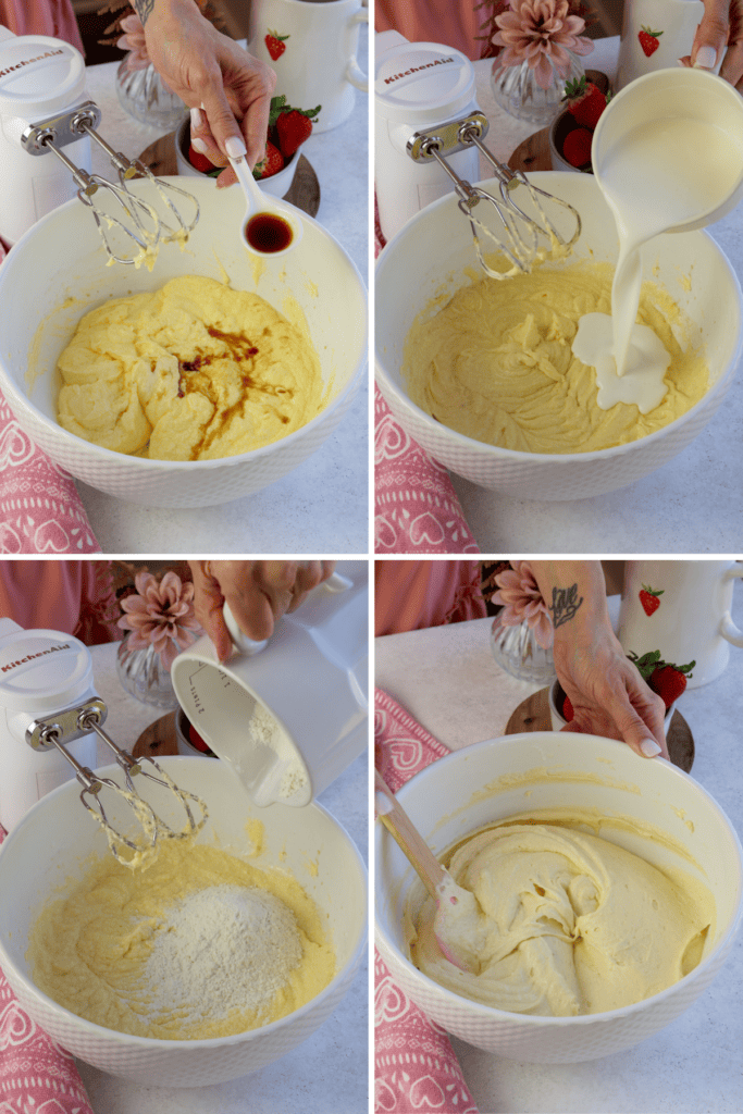 first picture: adding vanilla extract to a bowl with batter. second picture: adding buttermilk to a bowl with batter. third picture: adding flour mixture to a bowl with batter. fourth picture: mixing batter with a spatula.