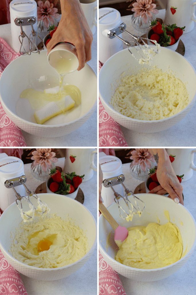 first picture: adding oil to a bowl with butter and sugar. second picture: bowl with butter, oil and sugar whipped together. third picture: egg added to a bowl of batter. fourth picture: hand scraping the sides of a bowl.