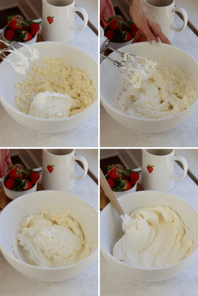 first picture: bowl with whipped cream inside and a mixer. second picture: bowl with whipped cream mixed with whipped cream cheese. third picture: whipped cream mixed together. Fourth picture: spatula mixing whipped cream and whipped cream cheese together.