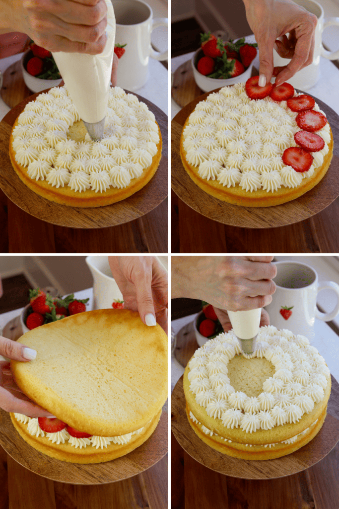 first picture: piping whipped cream on a cake layer. second picture: placing strawberries on top of whipped cream on a cake. third picture: placing a cake layer on top of a cake being assembled. fourth picture: piping whipped cream on top of a cake layer.